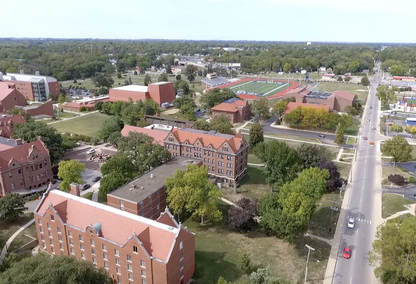 Aerial view of Decatur, Illinois historic buildings